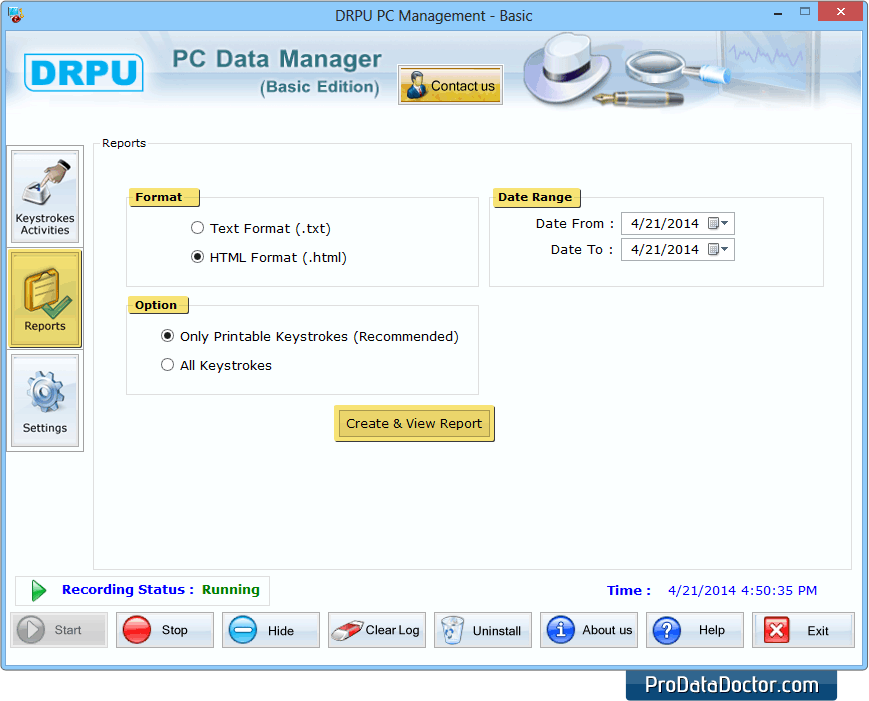 Crea un report di dati registrati