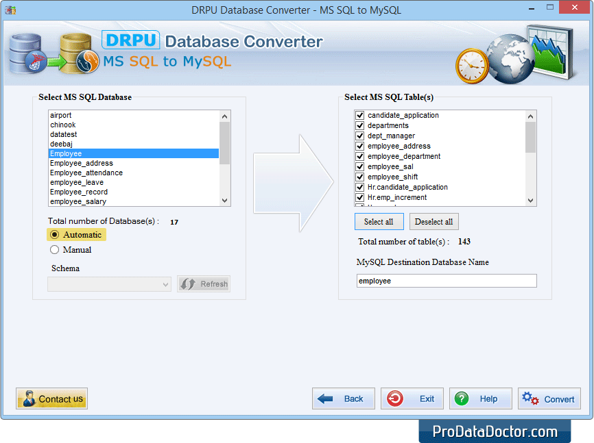 Выберите базы данных и таблицы MySQL