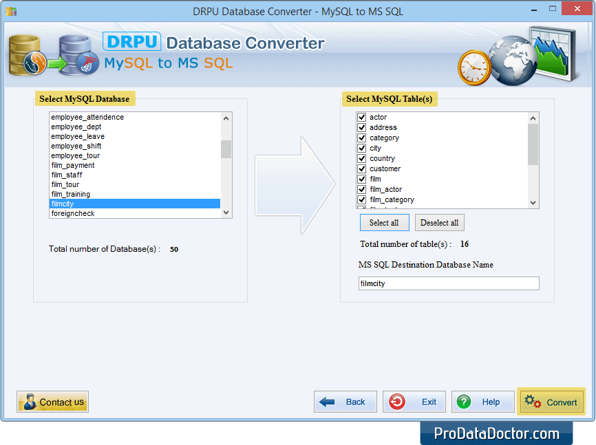 Sélectionnez la base de données et les tables MySQL